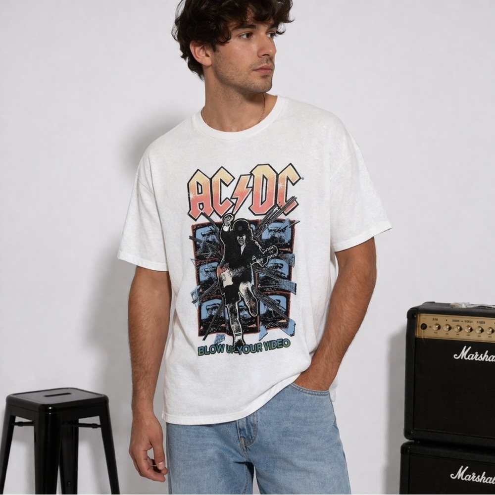 AC DC Men’s White Band Tee Shirt Guitar ‘Blow Up Your Video’ Sz XL Groupie